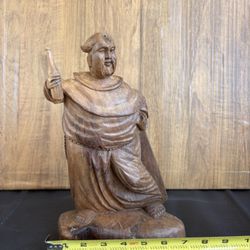 vintage hand-carved wooden folk art statue of a jovial monk