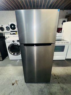 Stainless steel refrigerator (28x66x28); includes a receipt for a 60-day warranty.
