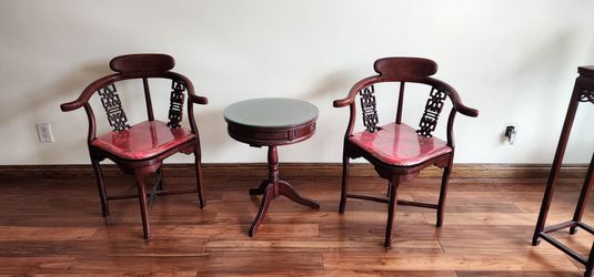 Rosewood/Redwood carved chairs  set with matching accent  table and seat pats