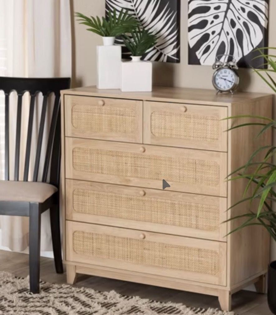 Baxton Studio Elsbeth Natural Rattan 5 Drawer Storage Cabinet