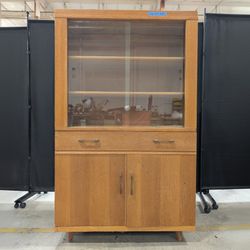 Vintage Oak China Cabinet with Sliding Glass Doors