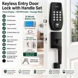 Keyless Entry Door Lock with Handle Set, Visual Display Lock with 100 PIN Codes, Passage Mode, 2 Keys, , 12-Month Battery, Auto Lock, Black