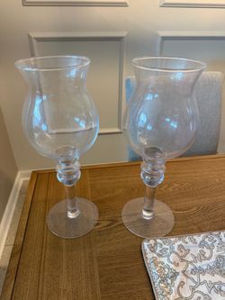 Set of 2 Clear Glass Stemmed Hurricane Candle Holders