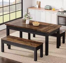 F2131AB 55-Inch Large Dining Table Set for 4-6, 3 Pieces Wood Kitchen Table with 2 Benches, Farmhouse Rectangular Dinner Room Table Set Dinette for Ki