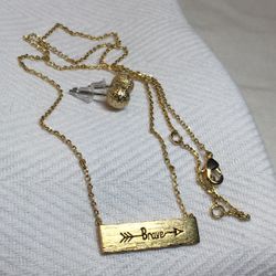 “Brave” Brushed Gold Tone Bar Pendant Necklace And Earrings Set