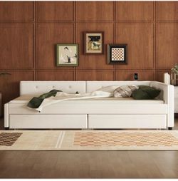 Modern Upholstered Daybed Bed, Queen, Beige
