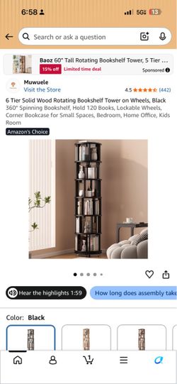 6 Tier Rotating Bookshelf Tower, Black