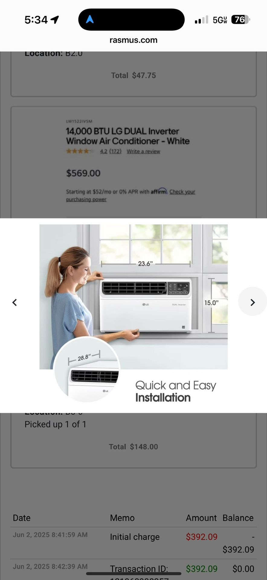 LG Air Conditioner New For $300