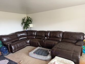 Large Brown Leather Reclining Sectional Sofa