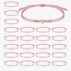 24 Pcs Pink Heart String Bracelets for Women - Adjustable Rope Braided Bracelet Pack Bulk Party Favors Coquette Cute Graduation Wedding Dance Team
