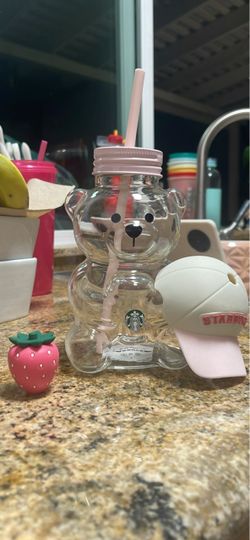 Starbucks Bear Glass Cup with Pink Straw