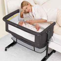 Baby Bassinet, 3 in 1 Bedside Bassinets for Baby, Bassinet Bedside Sleeper with Wheels, Adjustable Height with Rocking Mode, Breathable Mesh, Storage 