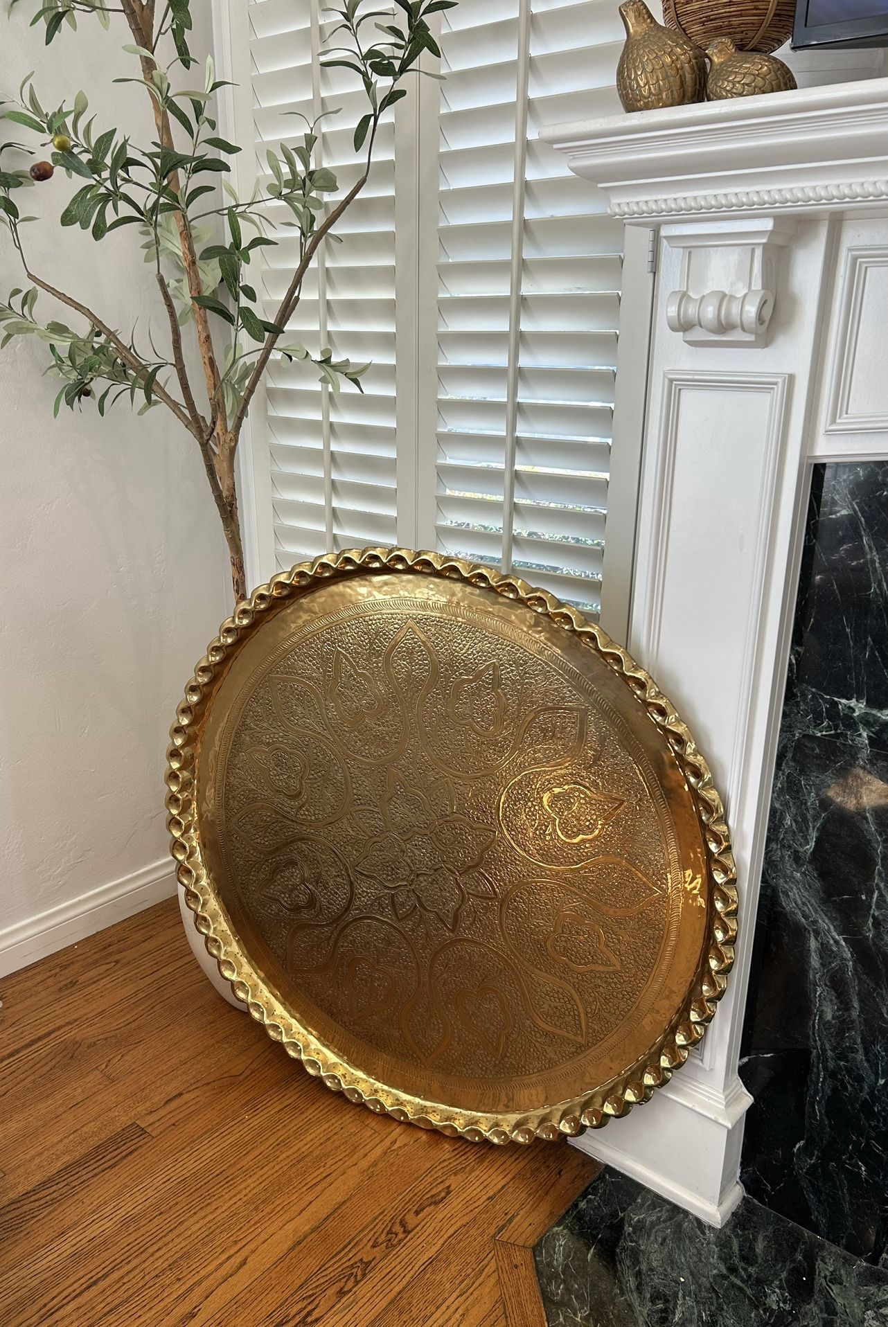 Antique HUGE Solid Moroccan Ornate Etch Brass Tray Wall Hanging Table RARE Centerpiece Art Artwork Collectible Handcrafted MCM Vintage Fine