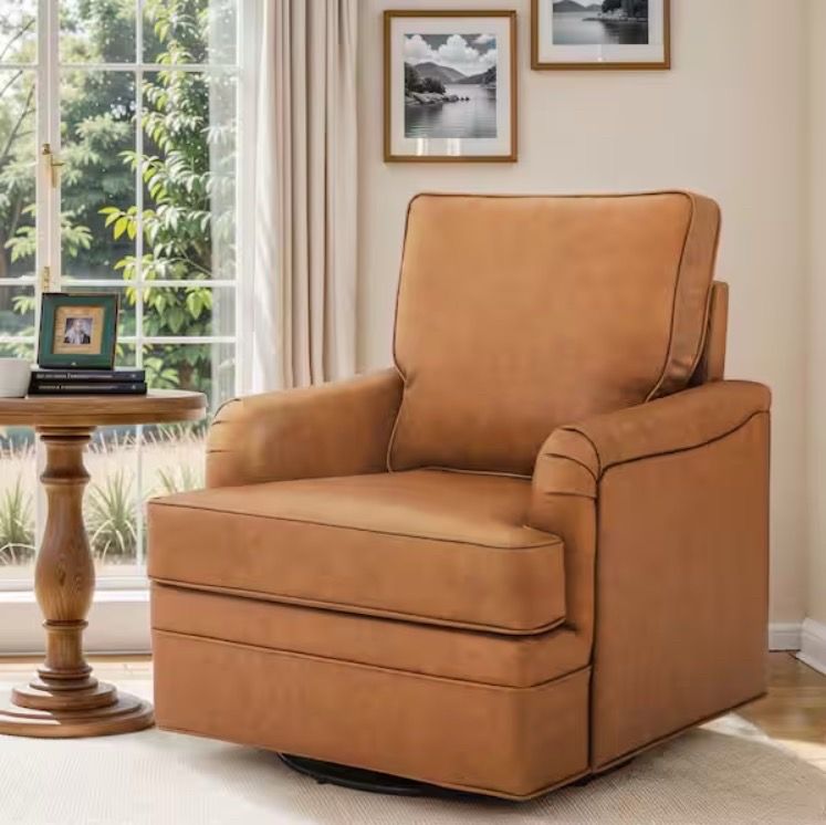 Brown Genuine Leather Swivel Accent Chair Modern Armchair Upholstered Barrel Chair with Metal Base