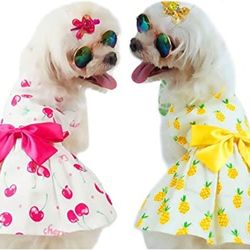 Dog Dress 2 Pack Dog Clothes, Cute Pineapple Cherry Pattern Dog Dresses Bowknot Princess Skirt, Summer Dog Oufit for Small Medium Dogs Cats, Pet Appar