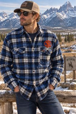 Men's XL Blue Plaid Flannel Shirt NWT Orange Graphic Fall NInte
