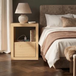 Nightstand with Charging Station, Modern Bedside Table with Drawer Storage & Open Shelf, Wood End Table with Thickened Design, Night Stand for Bedroom