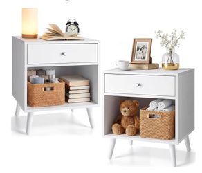 Modern Nightstands Set of 2, Night Stand with Drawer 2 Tier Modern Nightstand with Storage Shelf Bedside Table for Small Spaces Wooden End Table Mid C
