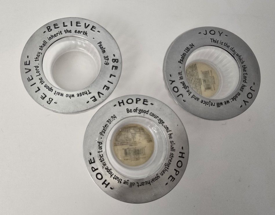 3 Religious Votive Glass Pewter Tea Light Candle Holders Bible Verses 3x1.25"