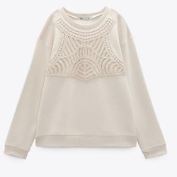 Zara Round Neck Pullover Long Sleeve Crotchet Nude Beige Sand Sweatshirt Sz. M