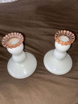 Pair of Fenton Rose (Pink) Crest #1523 milk glass candlesticks