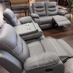 New Recliner Sofa And Loveseat In Grey Fabric