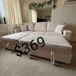 beige corduroy sectional sleeper sofa with storage chaise and pull out bed