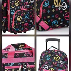 Rockland 4 Piece Luggage Set Peace Signs Carry On Suitcase Backpack Duffle Tote