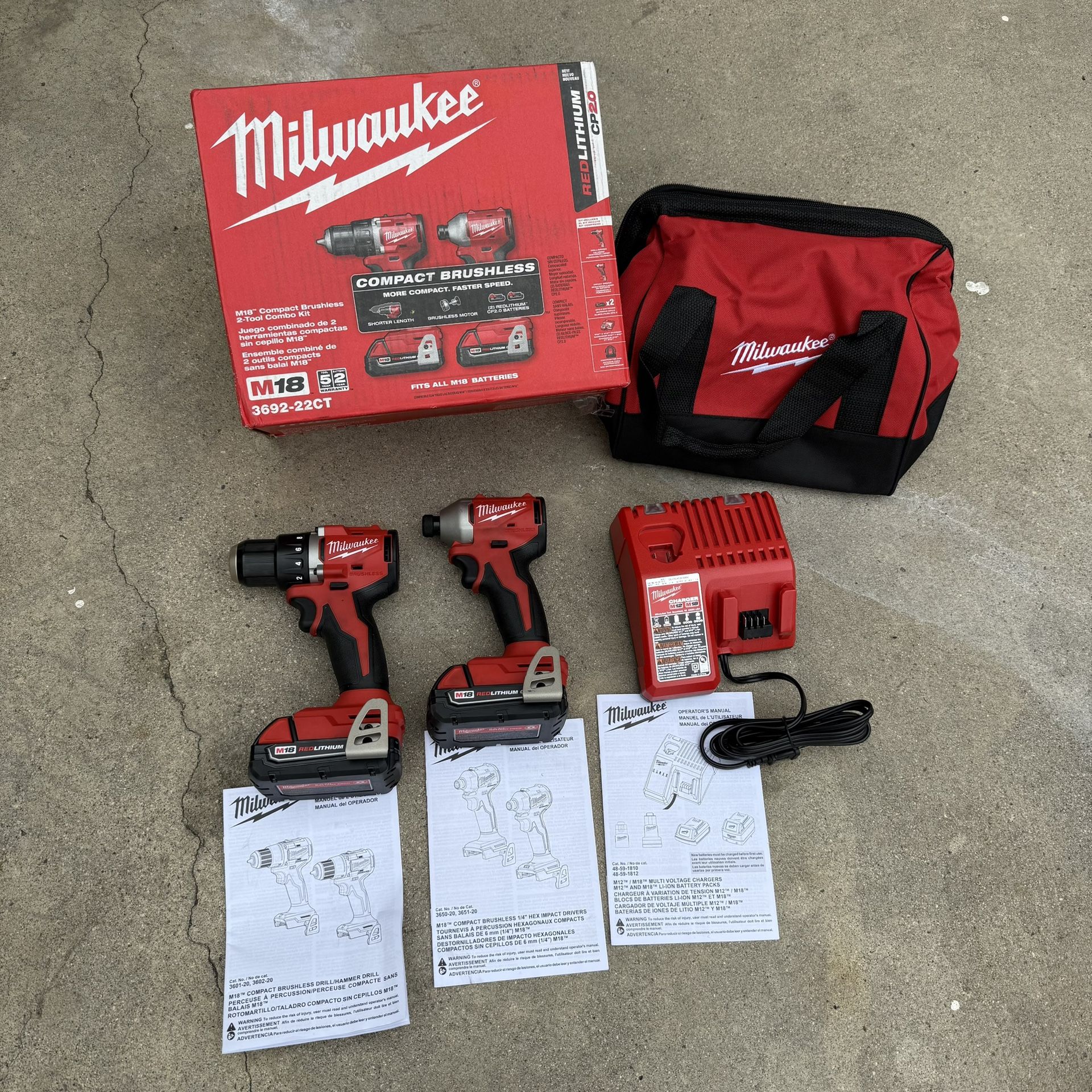 Milwaukee M18 18V Lithium-Ion Brushless Cordless Compact Drill/Impact Combo Kit (2-Tool) w/(2) 2.0 Ah Batteries, Charger & Bag  