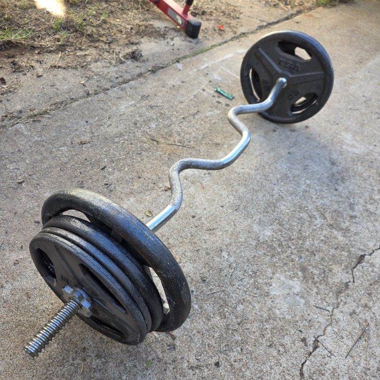 Curl Bar And Weight Plates 