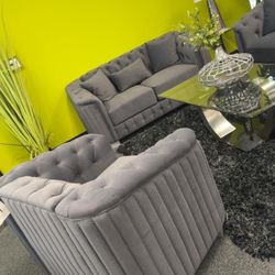 Grey Velvet 3 Piece Living Room Set Sofa Loveseat And Chair Brand New In Box Firm Price $1,699