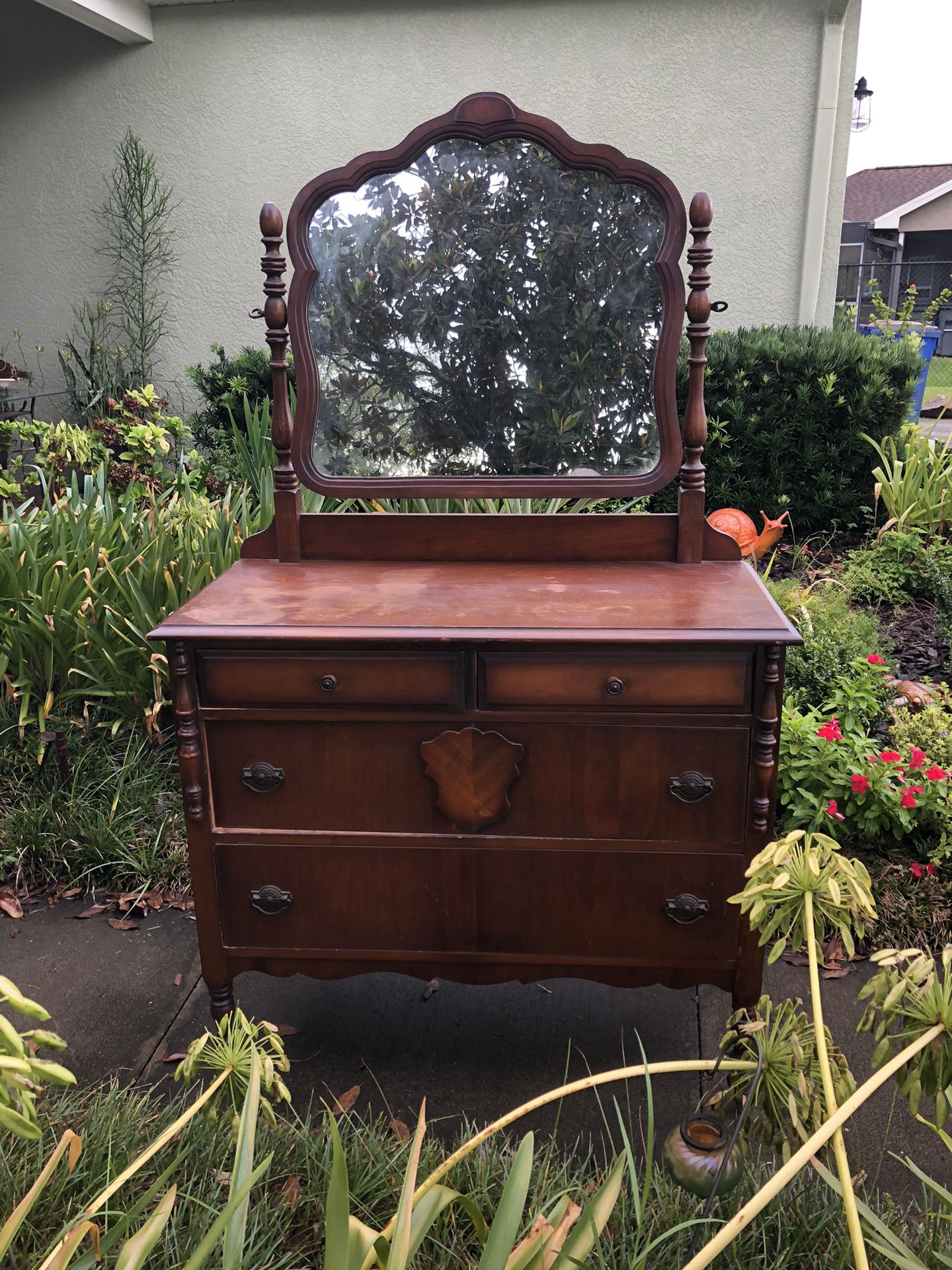 Wood Antique Dresser With Mirror