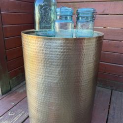 Hammered Brass Gold Finish Metal Drum Side Table / Accent Decor 