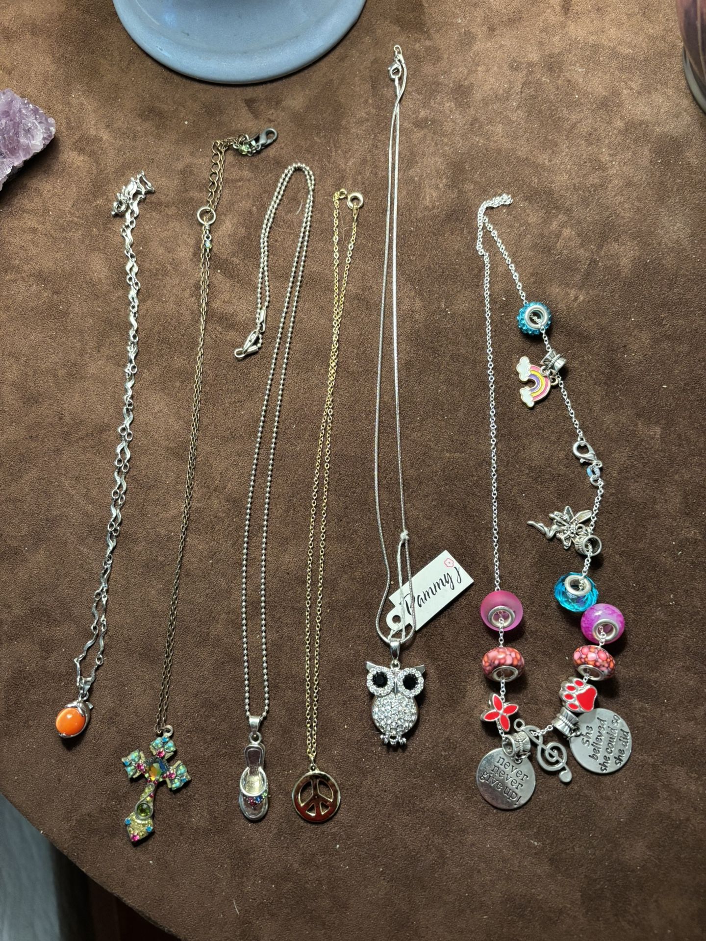 6 Costume Necklaces Lot: Rhinestone Owl, Peace Sign, Fancy Flip Flop, Colorful Cross, Charms & Beads