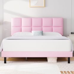 HAIIDE King Size bed Frame with Fabric Upholstered Headboard, Pink, Easy Assembly