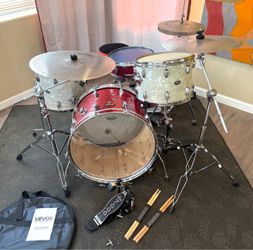 In Upland 91785. 4 piece drum complete drum set Slingerland 14 15 toms 5 ply maple vintage Magestic bass & snare new quiet cymbals new throne DW pedal