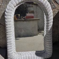 Vintage White Wicker Wall Mount Mirror Vanity