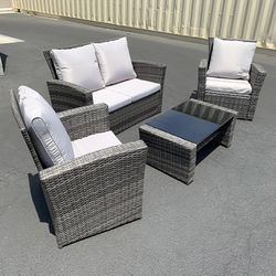 (NEW) $295 Outdoor 4pcs Patio Wicker Set, Rattan Sofa Loveseat 48x26”, Armest Chair 29x26”,  Table 34x20”