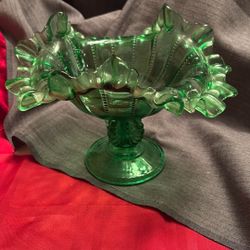 1960 Vintage Ruffled Green Compote Bowl