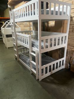 Espresso triple bunk bed only-$400 With 3 twin 6” thick foam mattresses-$700  White triple bunk bed only-$425 With 3 twin 6” thick foam mattresss-$725