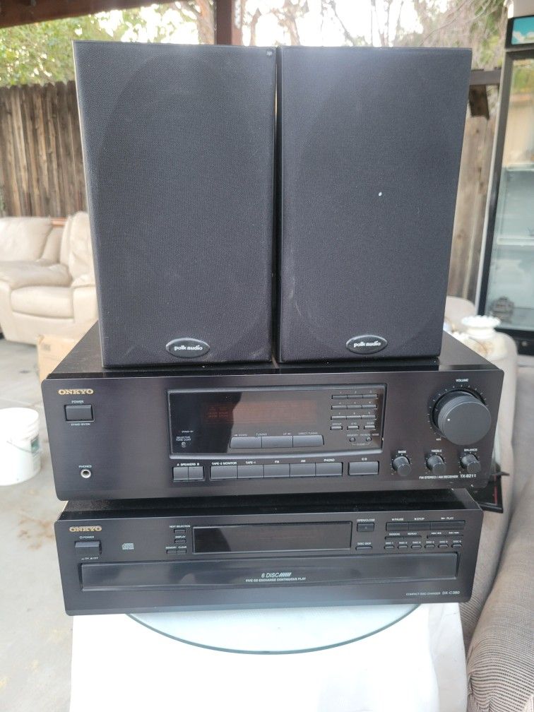 Onkyo Receiver, Cd Player And Pair Of Polk Audio Speakers