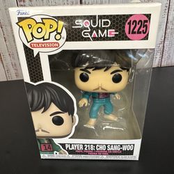 Funko Pop television Squid Games 1225 Player 218: Cho Sang-Woo. New but box has a corner lifted on top.