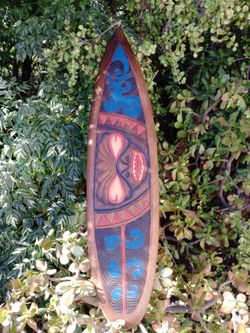 Hand-Crafted Wooden Polynesian Marquesan Tiki Bar Surfboard Wall Plaque – Tropical Home Bar Decor from Bali (39x10 Inches)