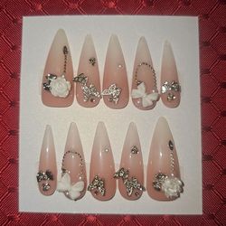Press-On Nails | X-Long Stilletto | White & Beige Ombre with White & Silver Charms (#10)