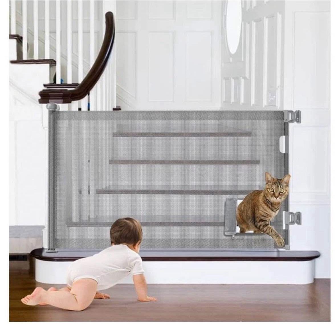 New Gray Retractable Safety Gate with Cat Door