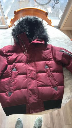 Burgundy Puffer Jacket with Faux Fur Hood