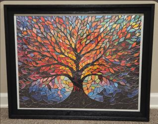 Puzzle 1000 piece puzzle of a beautiful stain glass tree in a black wooden frame