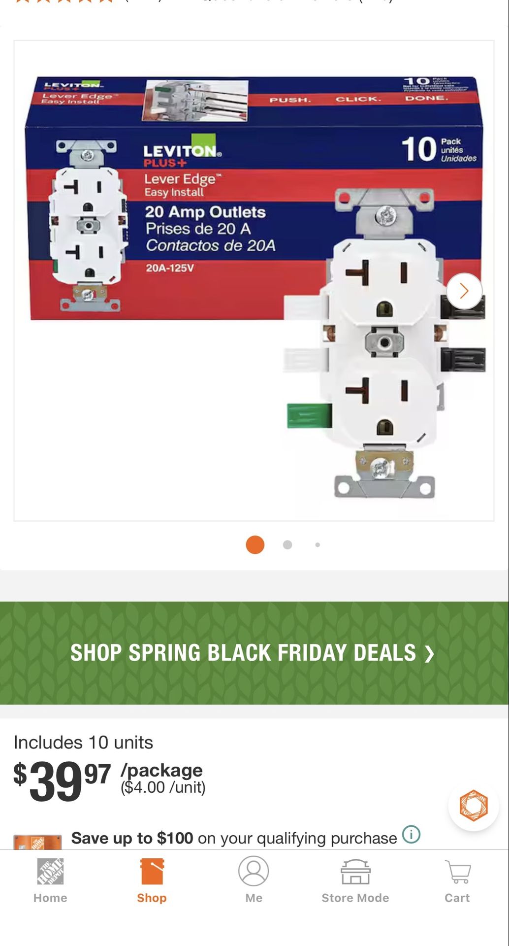 Leviton Box of 10 /20-amp outlets lever edge easy install