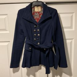 Free People Vintage Military Blue Wool Belted Jacket Coat sz 6