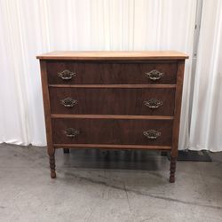 Antique Brown Wood Three-Drawer Dresser with Ornate Hardware